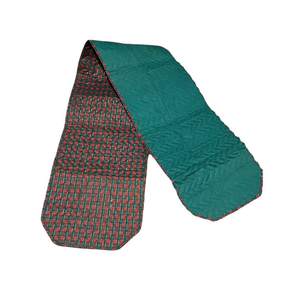 Christmas Plaid Table Runner Red Green Gold Reversible 68” X 13 Zig Zag Quilting